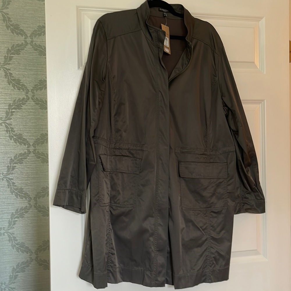 Eileen Fisher (Renew) raincoat w/zipper & cinched waist, 2X, gray-brown w/sheen